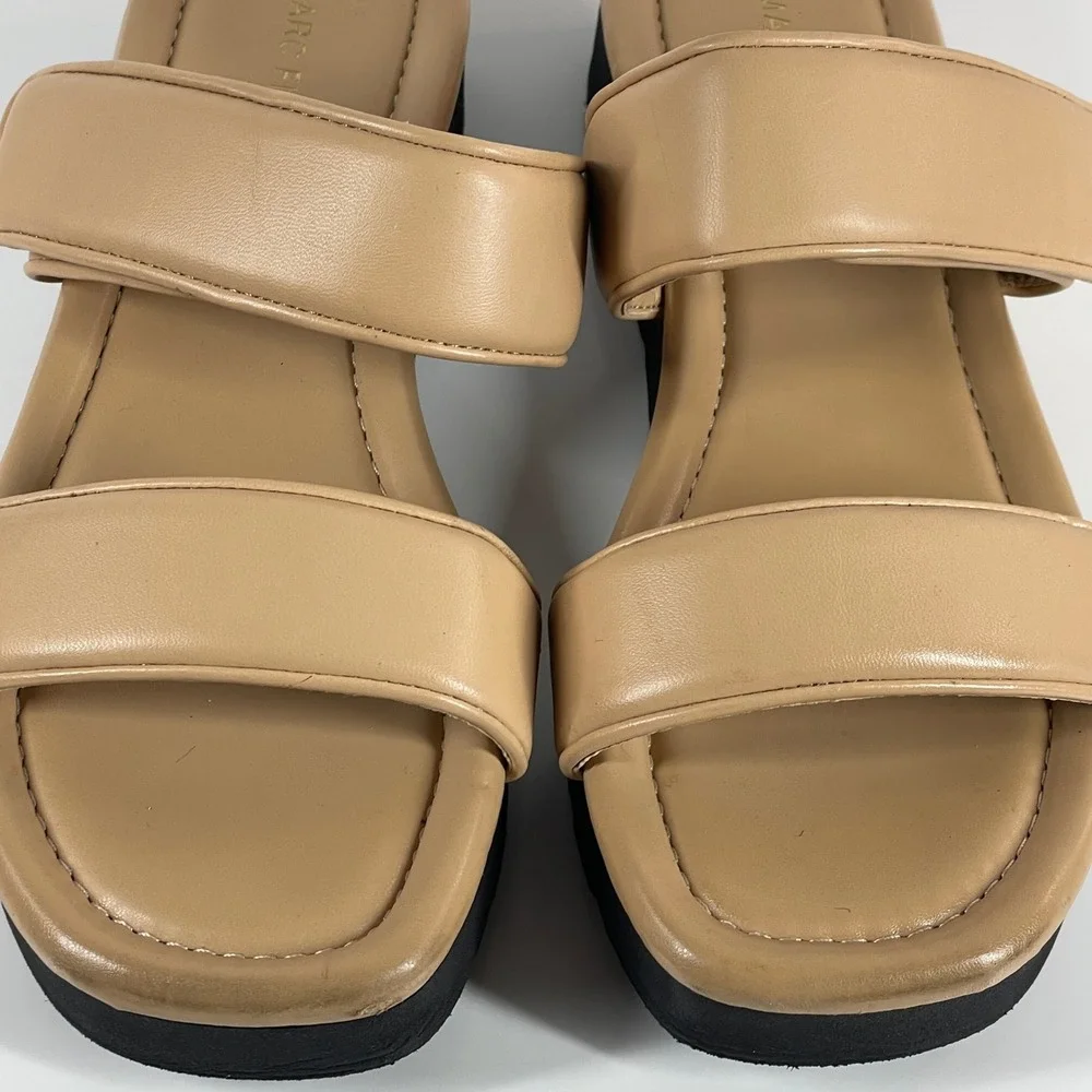 Sz 7.5 Marc Fisher Womens Tan Beige Double Strap Platform Slide Sandals Go to